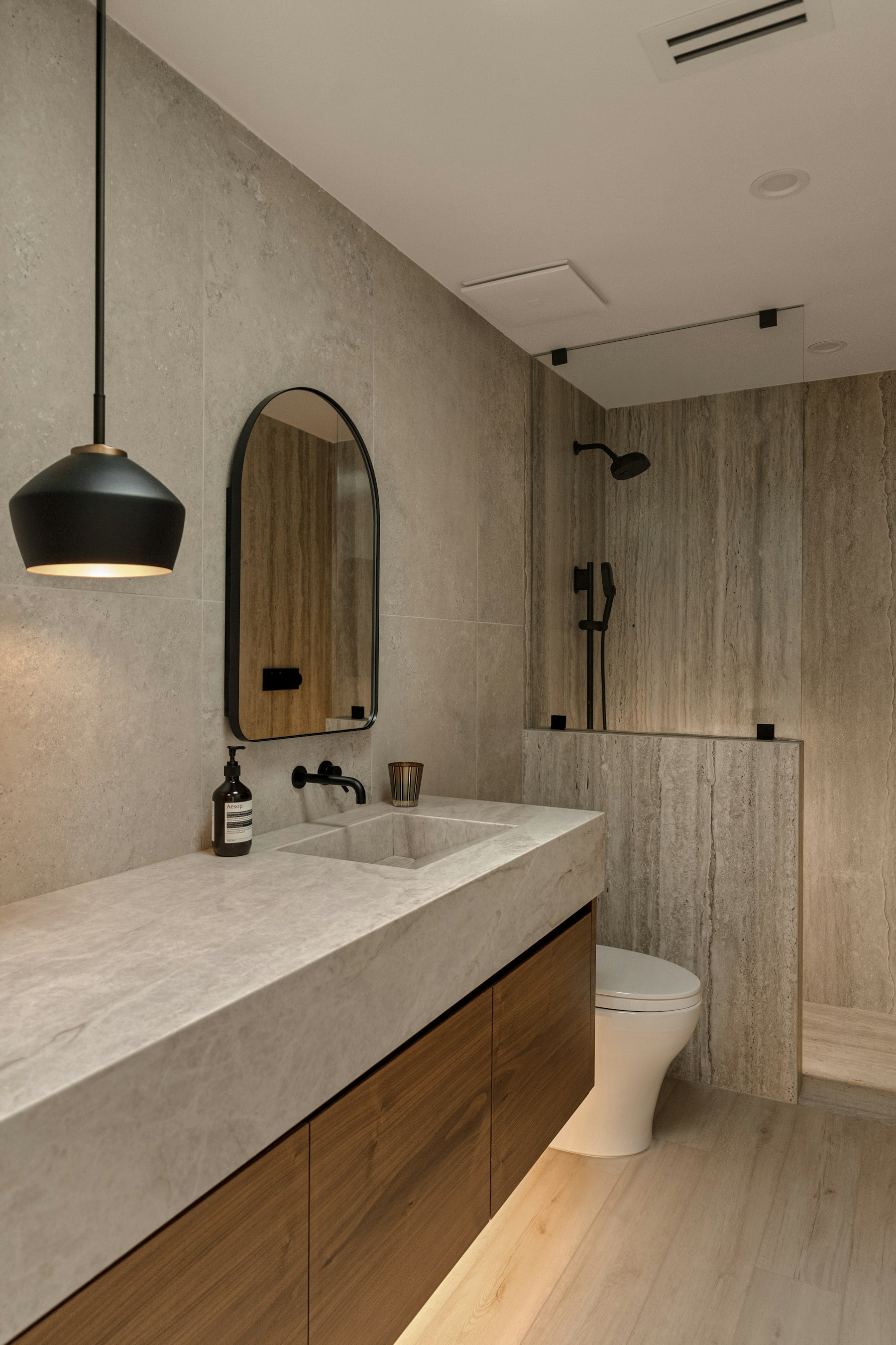 Warm, modern bathroom interior
